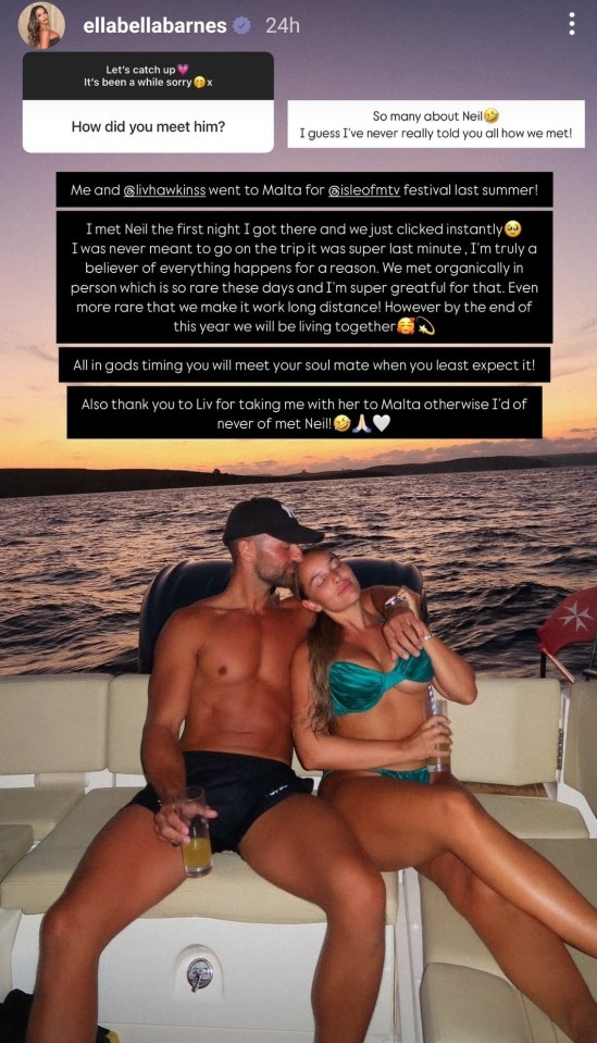 Screenshot of Instagram post showing Ella Barnes and her boyfriend on a boat, with a caption detailing how they met.