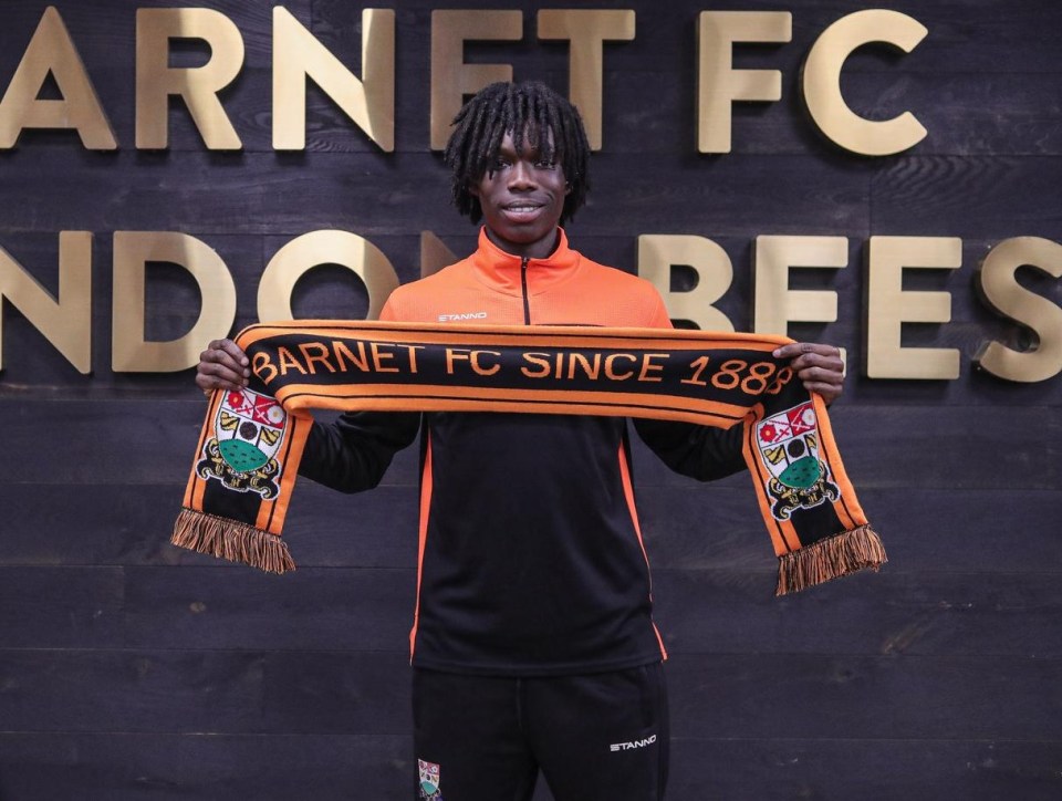 A person holding a Barnet FC scarf in front of a sign that says "Barnet FC London Bees".