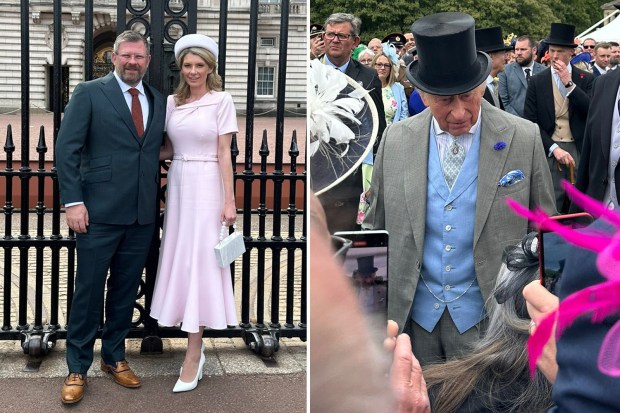 Collage of a couple in formal wear and King Charles III in a top hat.