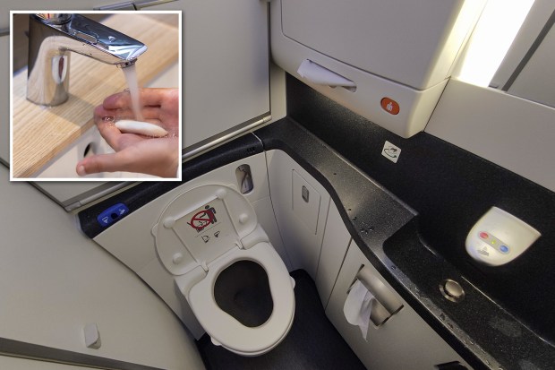 Airplane bathroom with toilet and sink; inset shows hand washing soap.