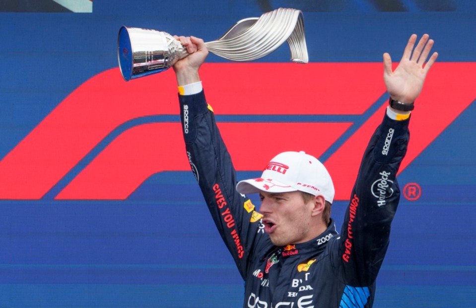 Red Bull Racing driver Max Verstappen, of the Netherlands, celebrates after his victory at the Formula 1 Canadian Grand Prix auto race in Montreal, Sunday, June 9, 2024. (Paul Chiasson/The Canadian Press via AP)
