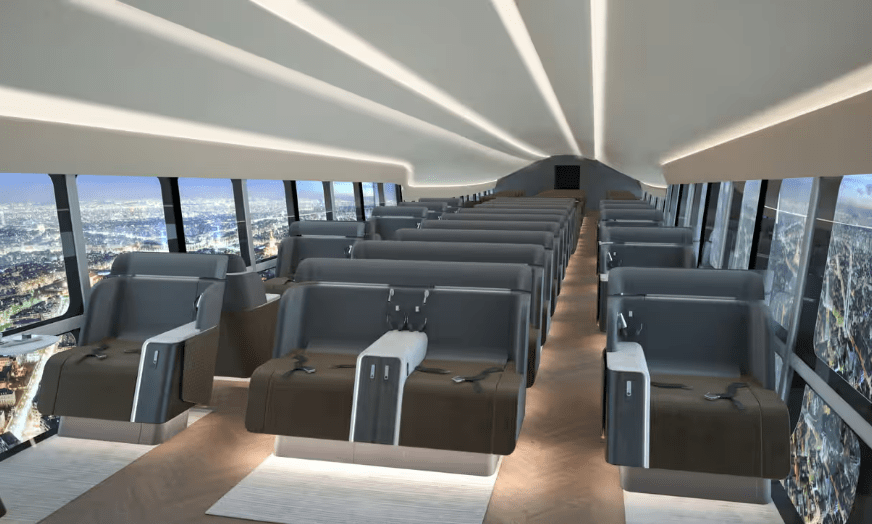 Illustration of an aircraft cabin with rows of seats and large windows showing a city at night.