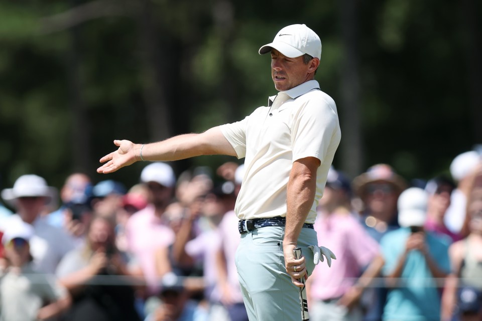 CHARLOTTE, NORTH CAROLINA - MAY 18: Rory McIlroy of Northern Ireland reacts to a putt on the ninth green during the final round of the PGA Championship at Quail Hollow Country Club on May 18, 2025 in Charlotte, North Carolina. (Photo by Kenneth Richmond/Getty Images)