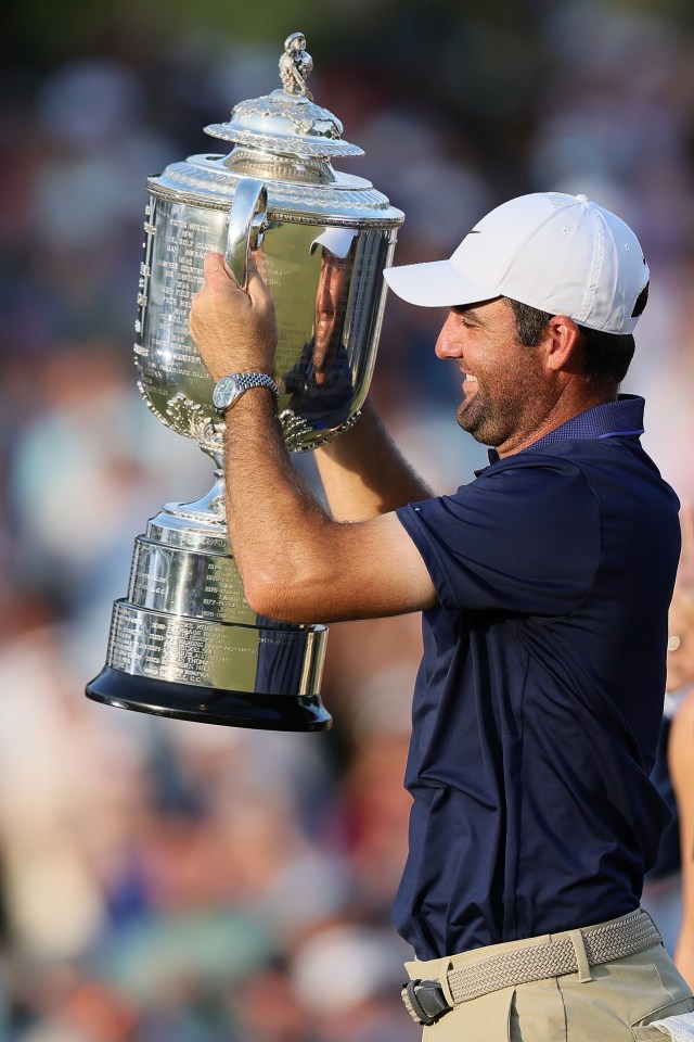 CHARLOTTE, NORTH CAROLINA - MAY 18: Scottie Scheffler of the United States celebrates with the Wanamaker Trophy after winning the 2025 PGA Championship at Quail Hollow Country Club on May 18, 2025 in Charlotte, North Carolina. (Photo by Alex Slitz/Getty Images)