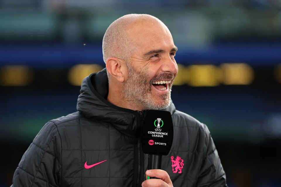 LONDON, ENGLAND - MAY 08: Enzo Maresca, Manager of Chelsea, smiles during an interview on TNT Sports prior to the UEFA Conference League 2024/25 Semi Final Second Leg match between Chelsea FC v Djurgarden at Stamford Bridge on May 08, 2025 in London, England. (Photo by Molly Darlington - UEFA/UEFA via Getty Images)