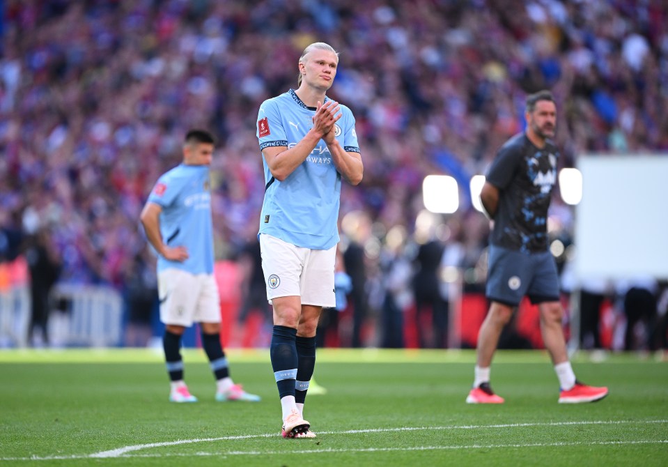 LONDON, ENGLAND - MAY 17: Erling Haaland of Manchester City acknowledges the fans after the teams defeat in the Emirates FA Cup Final match between Crystal Palace and Manchester City at Wembley Stadium on May 17, 2025 in London, England. (Photo by Justin Setterfield - The FA/The FA via Getty Images)