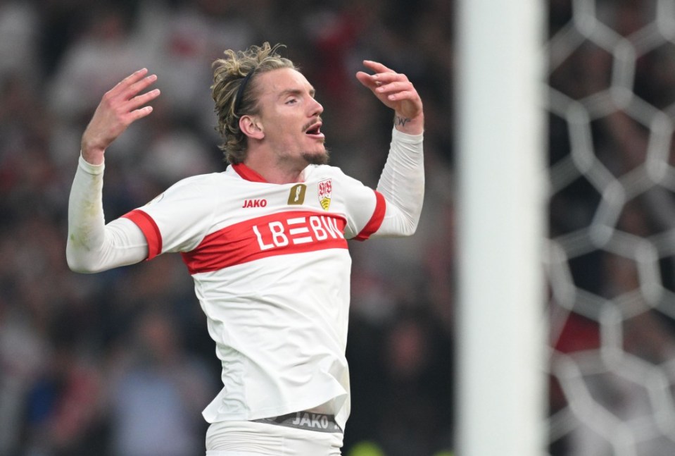 BERLIN, GERMANY - MAY 24: Nick Woltemade of Stuttgart celebrates at the final whistle during the DFB Cup Final 2025 between DSC Arminia Bielefeld and VfB Stuttgart at Olympiastadion on May 24, 2025 in Berlin, Germany. (Photo by Stuart Franklin/Getty Images)