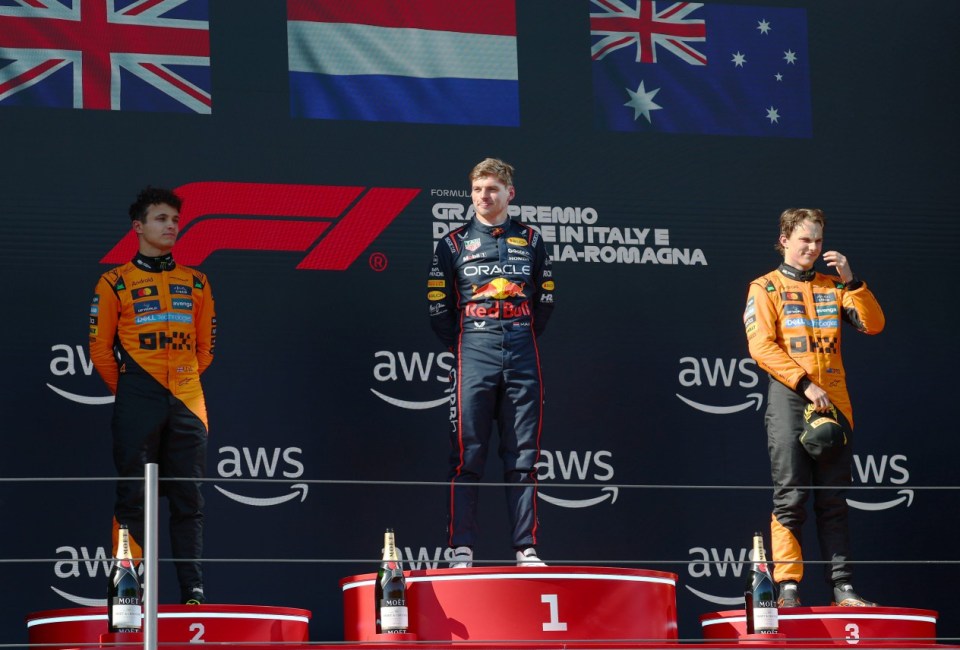 IMOLA, ITALY - MAY 18: Race winner Max Verstappen of the Netherlands and Oracle Red Bull Racing Second placed Lando Norris of Great Britain and McLaren and Third placed Oscar Piastri of Australia and McLaren on the podium during the F1 Grand Prix of Emilia-Romagna at Autodromo Internazionale Enzo e Dino Ferrari on May 18, 2025 in Imola, Italy. (Photo by Clive Rose/Getty Images)