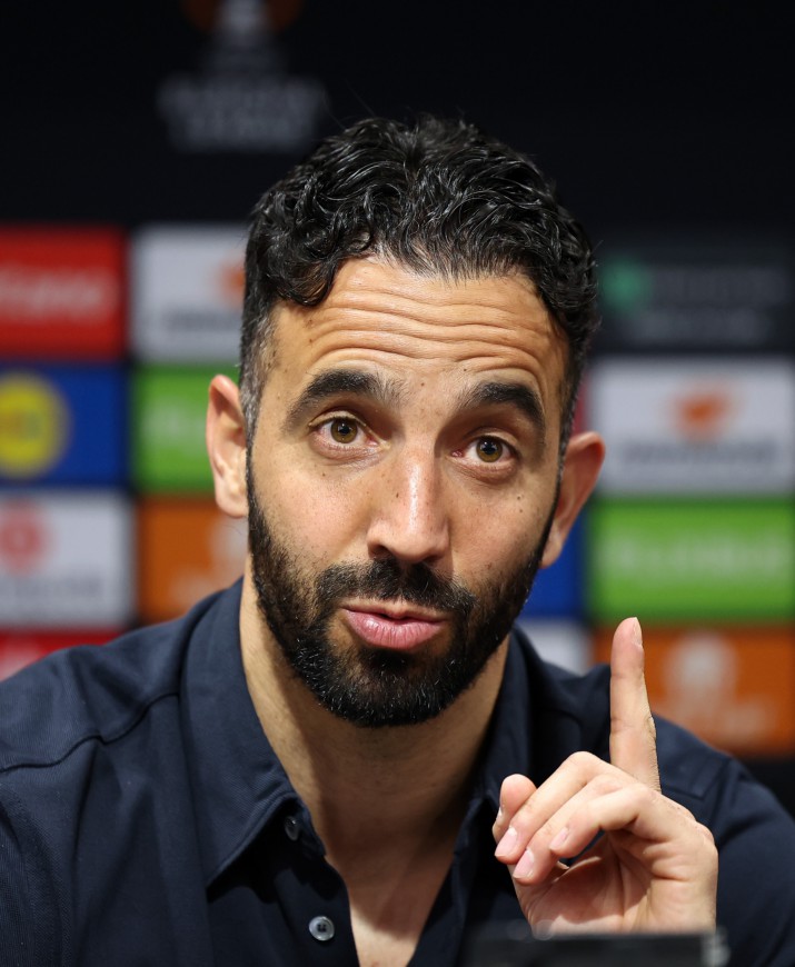 MANCHESTER, ENGLAND - MAY 14: Ruben Amorim, Manager of Manchester United, speaks to the media during a press conference at Old Trafford on May 14, 2025 in Manchester, England. (Photo by Matt McNulty/Getty Images)