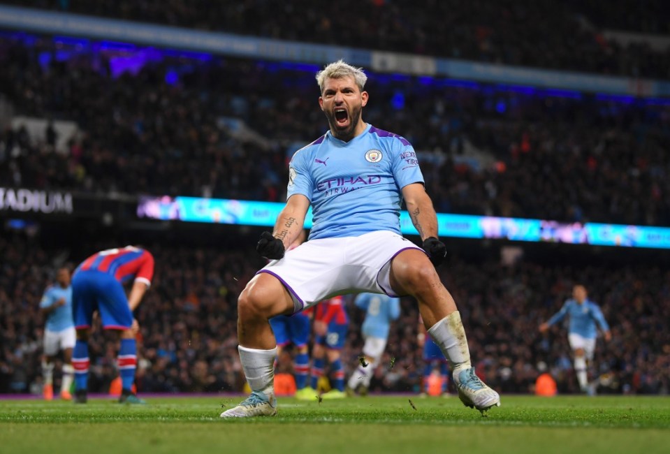 MANCHESTER, ENGLAND - JANUARY 18: Sergio Aguero of Manchester City celebrates scoring his second goal during the Premier League match between Manchester City and Crystal Palace at Etihad Stadium on January 18, 2020 in Manchester, United Kingdom. (Photo by Laurence Griffiths/Getty Images)