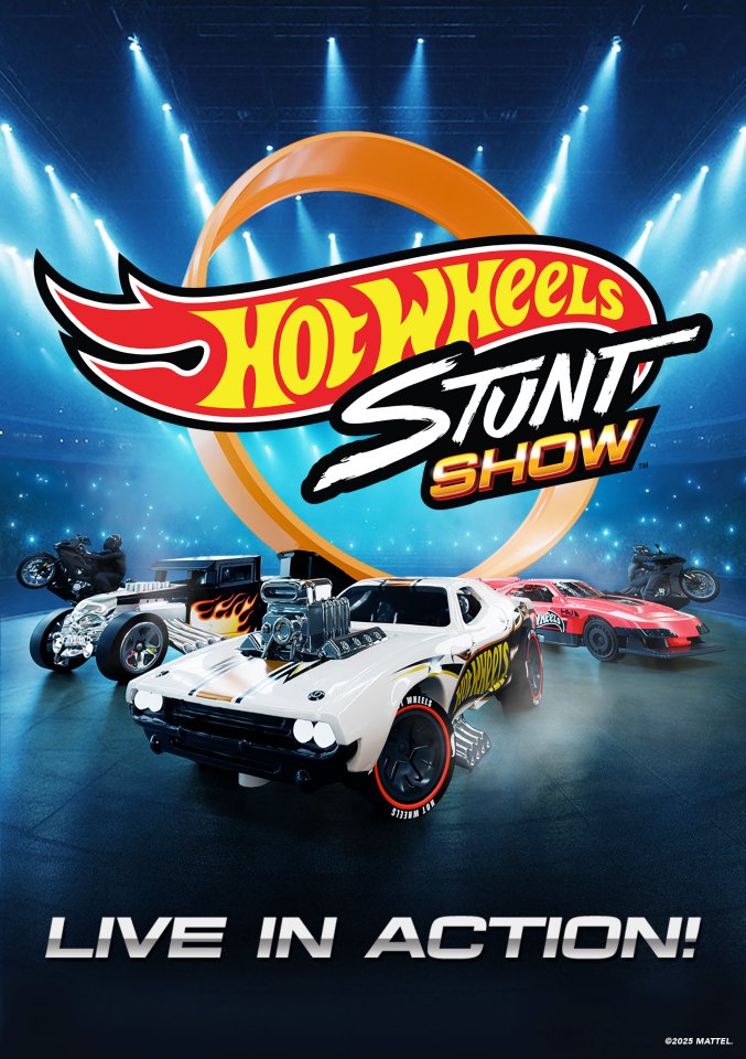 Hot Wheels Stunt Show advertisement featuring Hot Wheels cars and motorcycles.