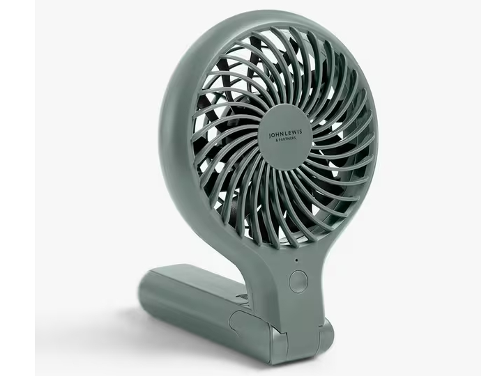 Sage green handheld foldable desk fan.