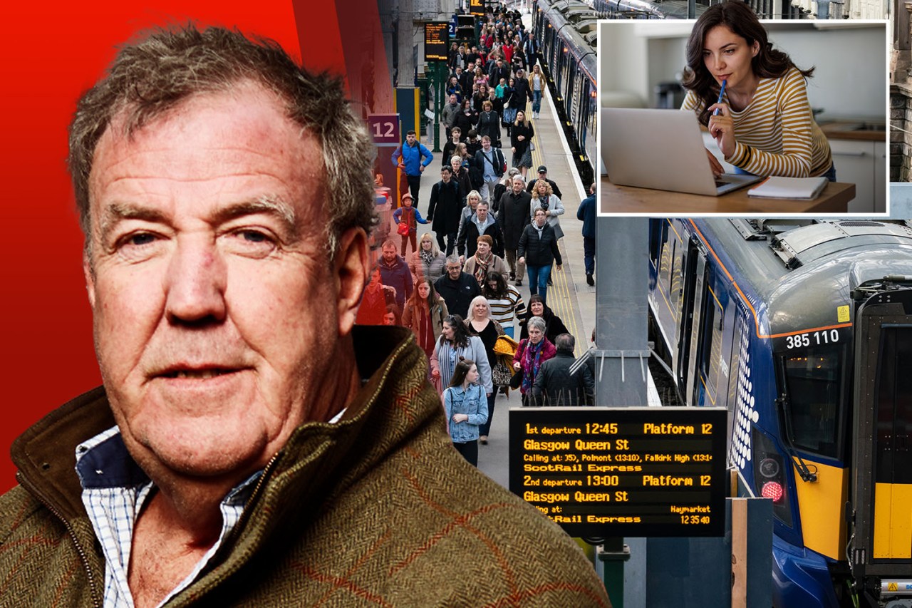 Collage of Jeremy Clarkson, commuters at a train station, a woman working on a laptop, and a train.