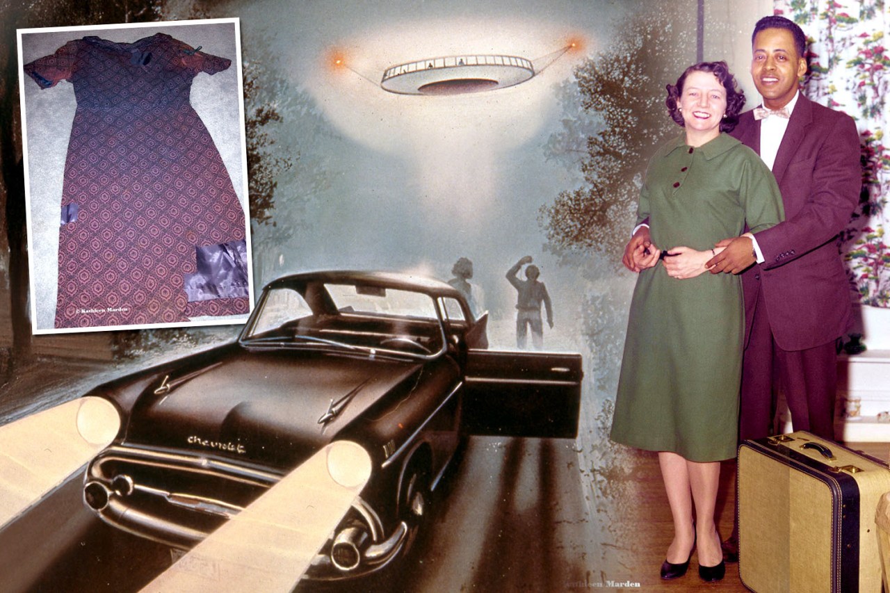 Collage of a couple, a dress, a car, and a UFO.