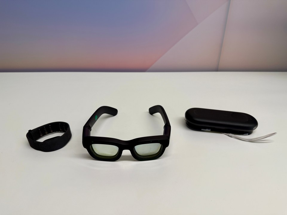 Smart glasses, wristband, and charging case.