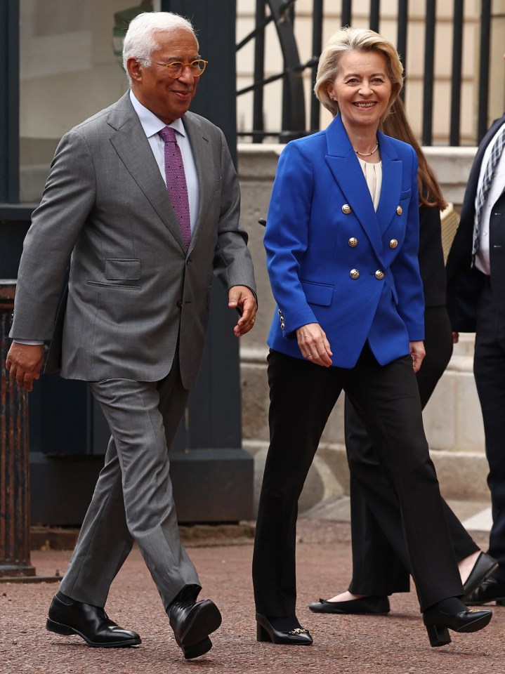 European Council President Antonio Costa (L) and European Commission President Ursula von der Leyen arrive to attend the UK-EU Summit at Lancaster House in London on May 19, 2025. UK Prime Minister Keir Starmer hosts European Union chiefs on Monday for a landmark summit designed to usher in a closer relationship between Britain and the bloc, five years after Brexit. (Photo by HENRY NICHOLLS / POOL / AFP) (Photo by HENRY NICHOLLS/POOL/AFP via Getty Images)