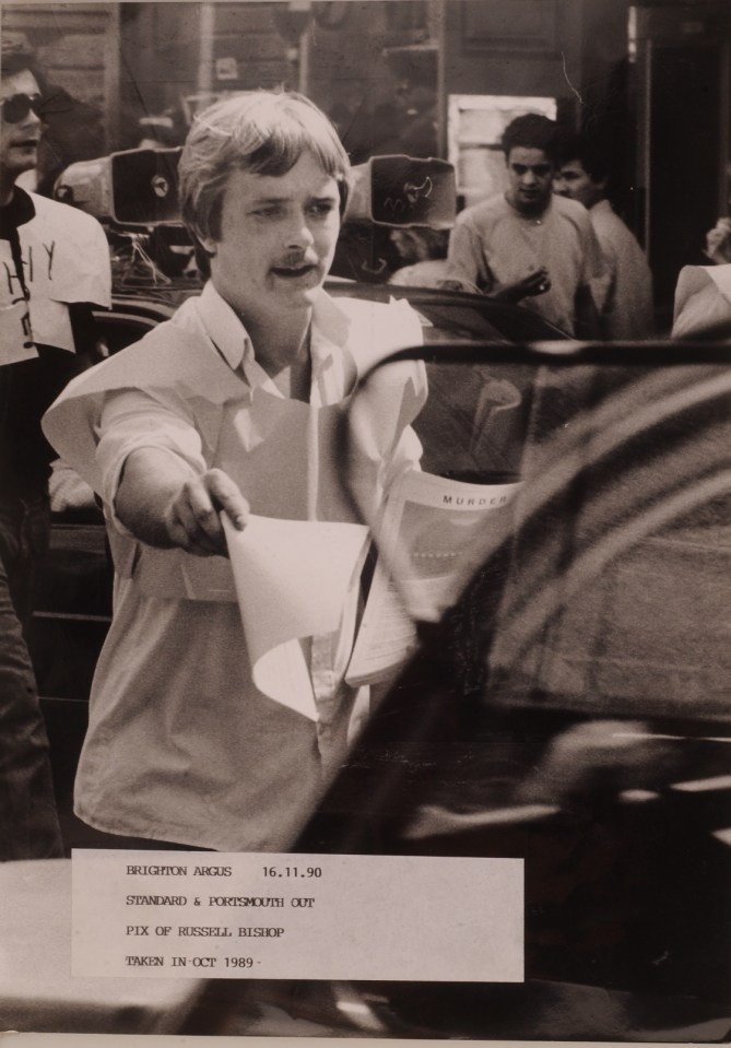 Russell Bishop handing out leaflets during a 1989 campaign to find a murderer in Brighton.