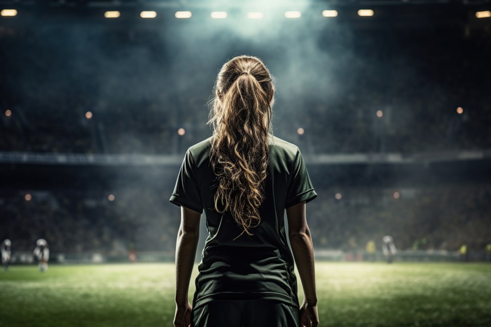 Female soccer player standing on a field facing away from the camera.