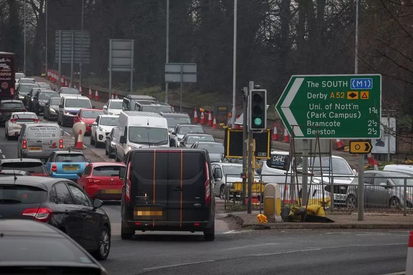 Traffic jam on A52 roadworks near Nottingham.