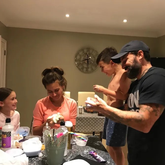 Family making slime together.