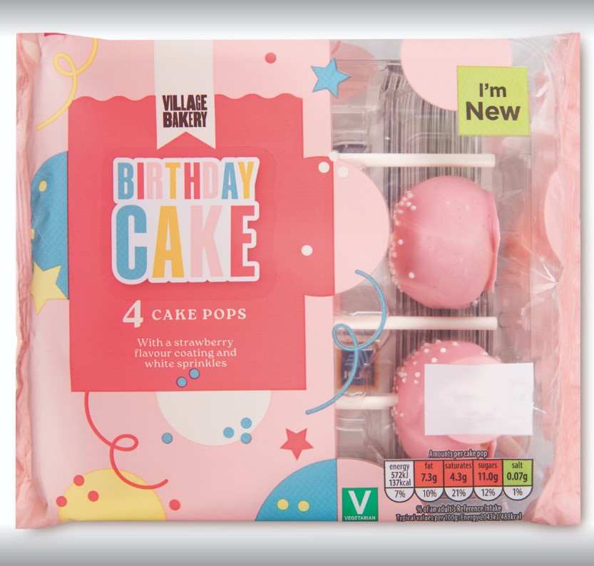 Package of four strawberry-flavored cake pops with white sprinkles.