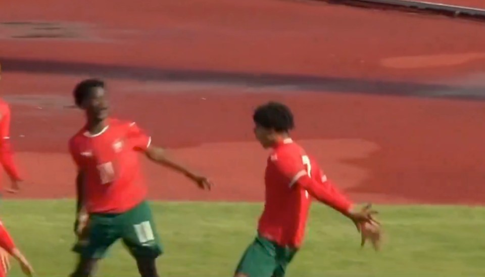 Soccer players celebrating a goal.