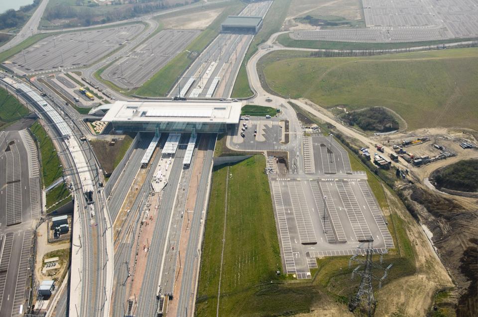 Aerial view of Ebbsfleet International Station and its large car park.
