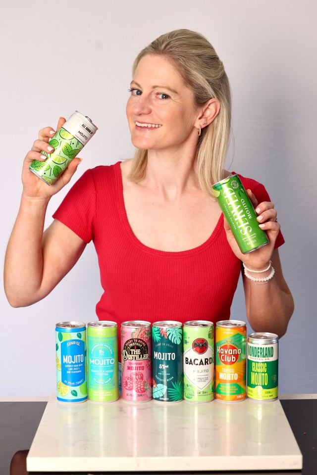 © Picture by Peter Jordan..Story by Lucy Tobin...Reporter Lucy Tobin taste tests different brands of Chicken Kiev, Mojitos and cold coffees ............Picture shows: Lucy with several different canned Mojitos ...Job Identification: NINTCHDBJOBS000001117321......Sunday Thursday 15th May 2025....The Sun Picture by Peter Jordan.