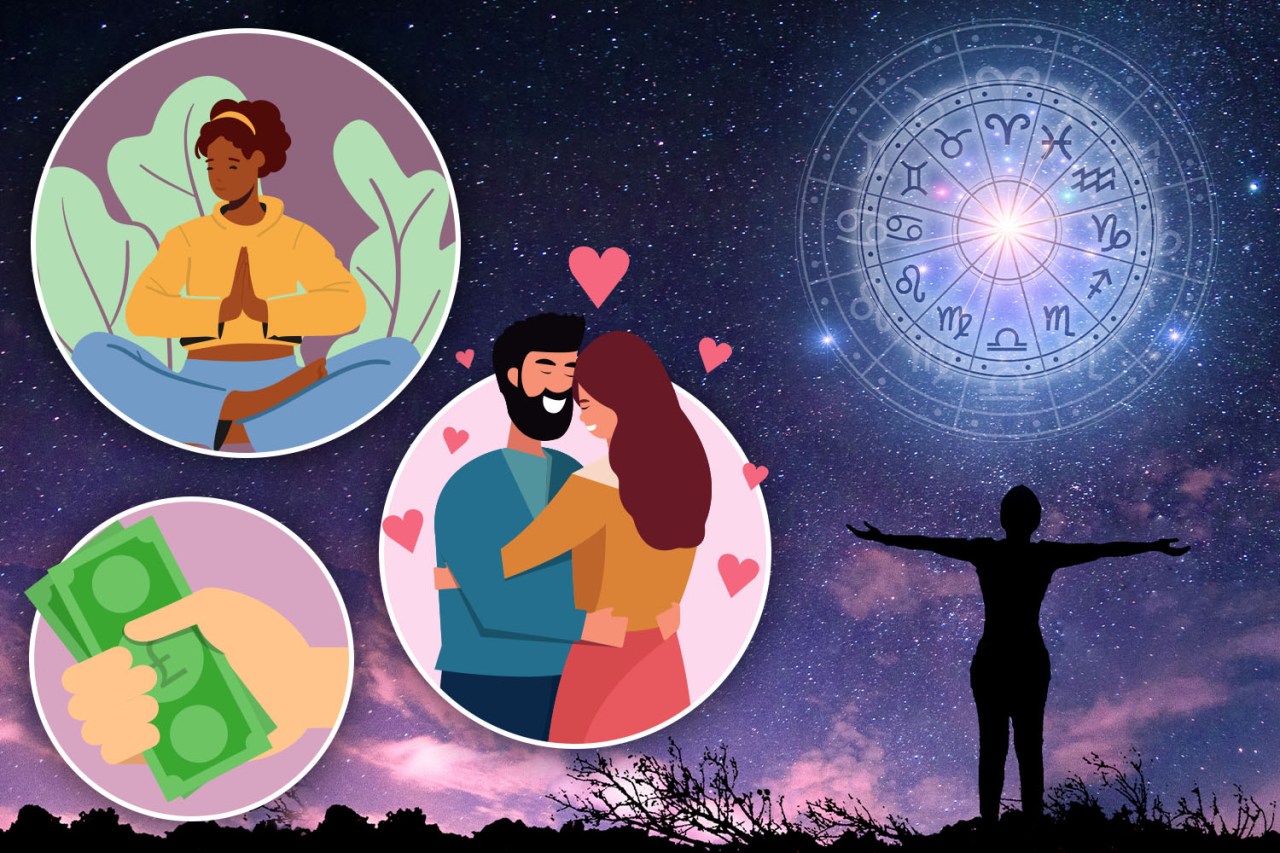Illustration of astrology, love, money, and meditation.