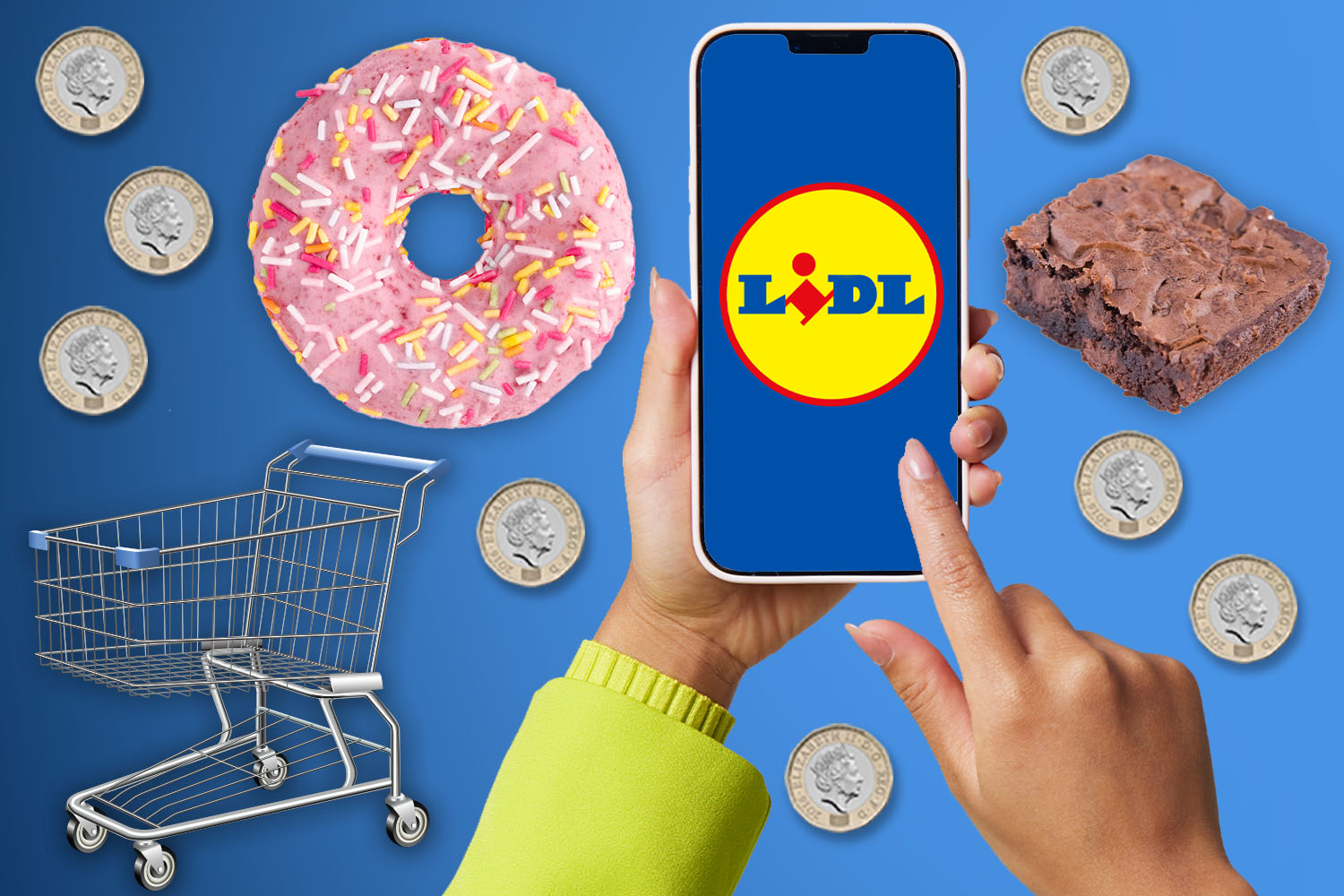 Illustration of a phone displaying the Lidl logo, a shopping cart, a donut, a brownie, and British one-pound coins.