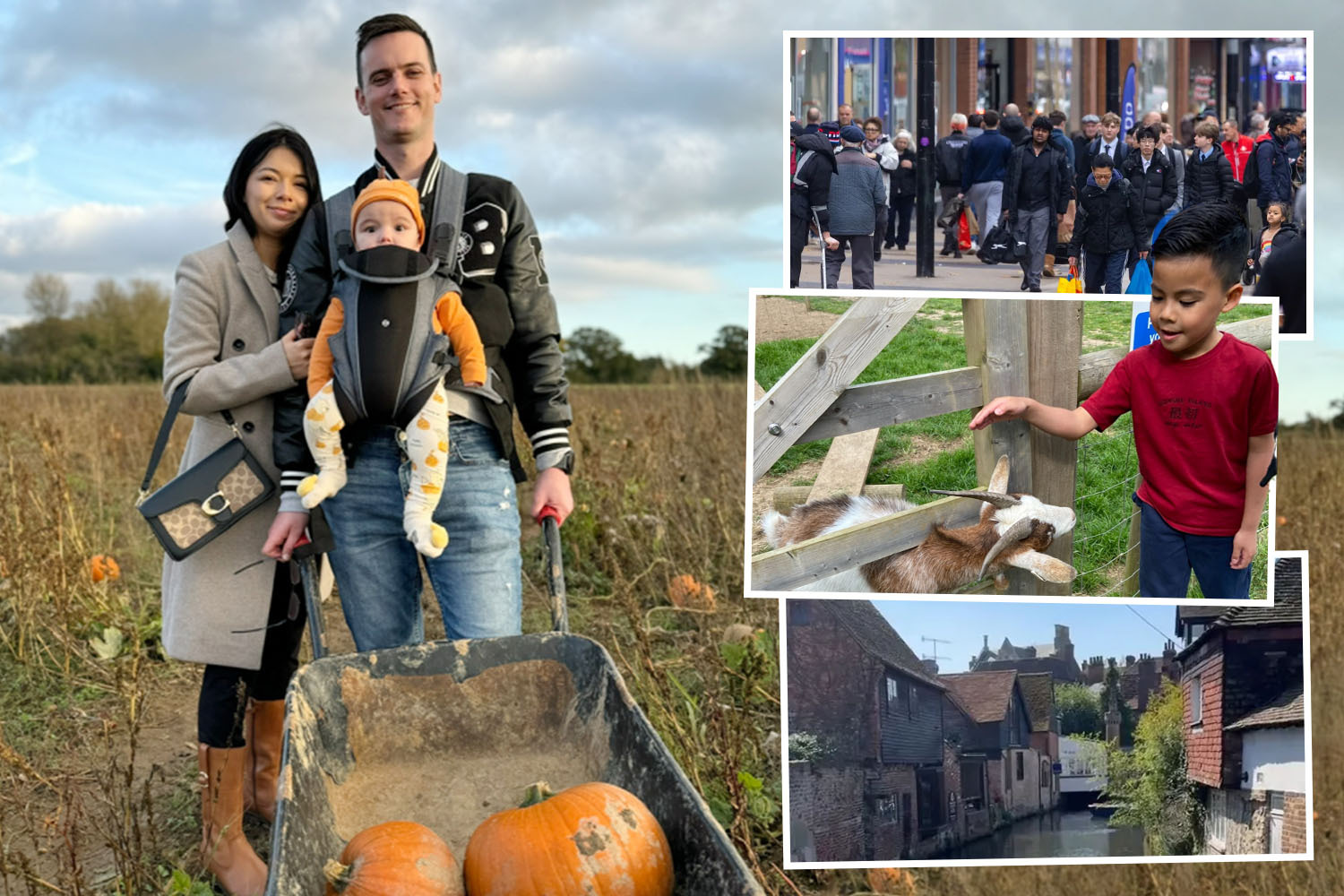 Collage of a family picking pumpkins, a child petting a goat, a city street scene, and a canal.
