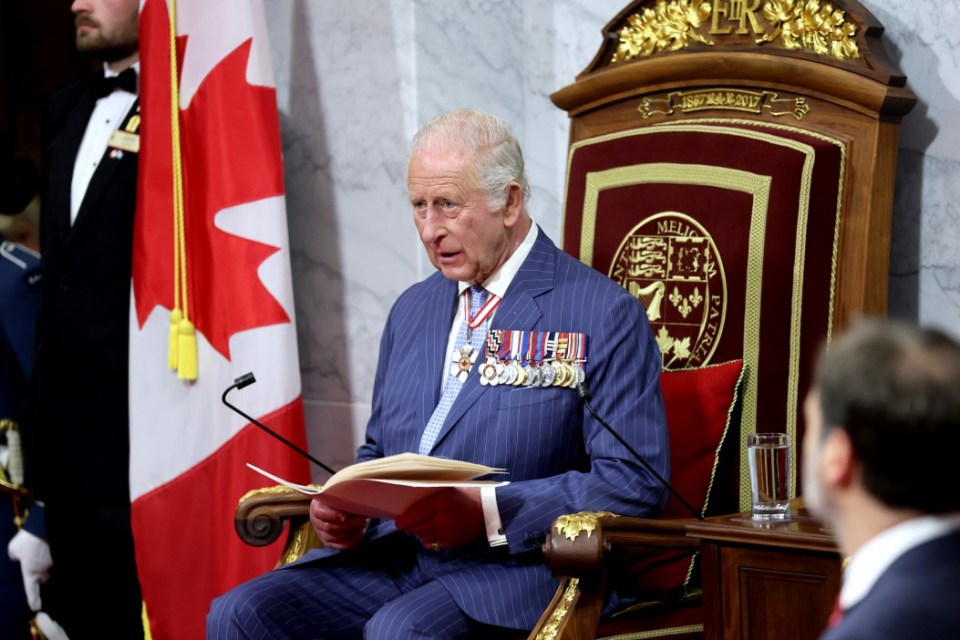 King Charles III giving a speech in the Canadian Senate.