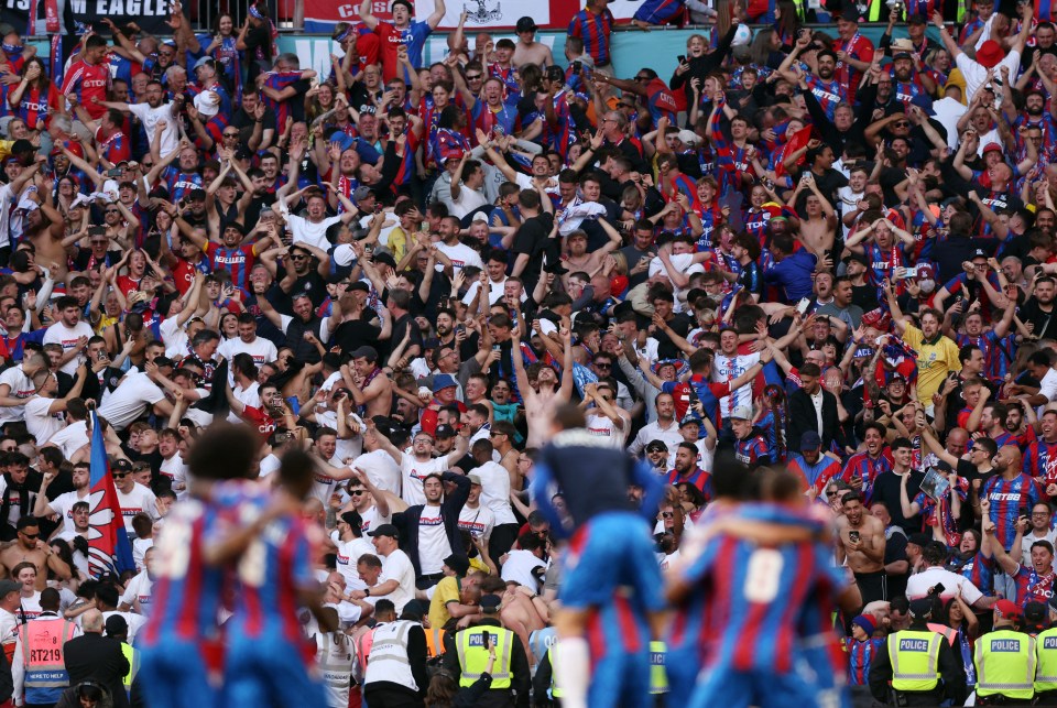 Soccer Football - FA Cup - Final - Crystal Palace v Manchester City - Wembley Stadium, London, Britain - May 17, 2025 Crystal Palace fans celebrate winning the FA Cup REUTERS/David Klein