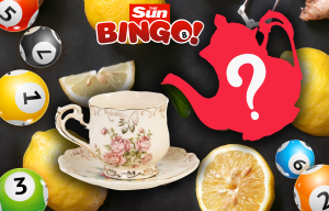 Teacup, lemons, bingo balls, and a silhouette of a teapot with a question mark.