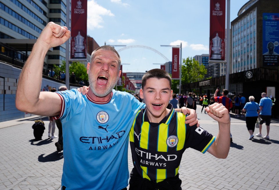 Manchester City fans before the Emirates FA Cup final at Wembley Stadium, London. Picture date: Saturday May 17, 2025. PA Photo. See PA story SOCCER Final. Photo credit should read: Nick Potts/PA Wire. RESTRICTIONS: Use subject to restrictions. Editorial use only, no commercial use without prior consent from rights holder.