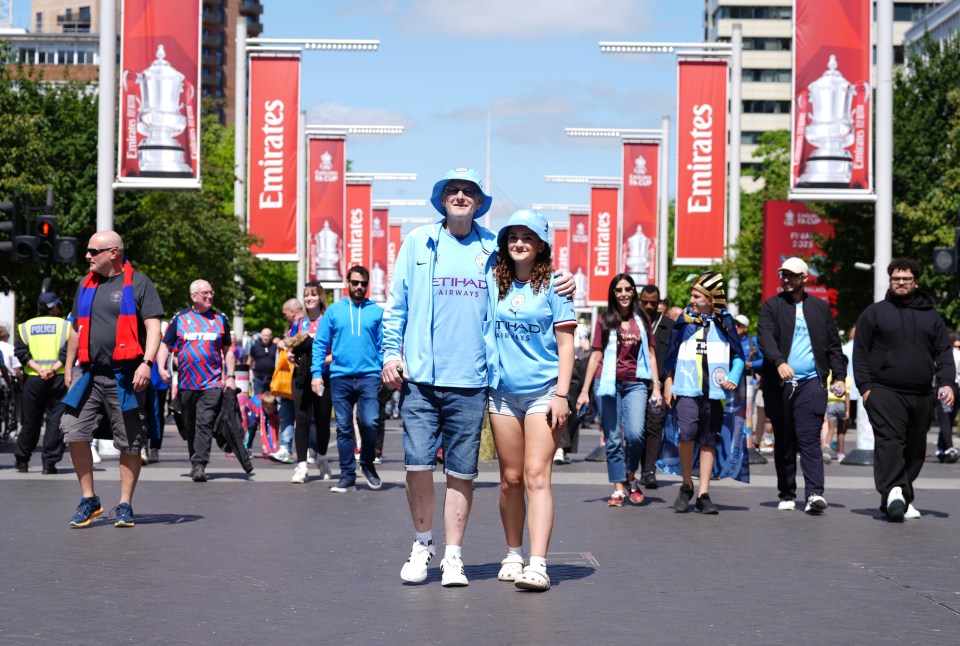 Manchester City fans before the Emirates FA Cup final at Wembley Stadium, London. Picture date: Saturday May 17, 2025. PA Photo. See PA story SOCCER Final. Photo credit should read: Jonathan Brady/PA Wire. RESTRICTIONS: Use subject to restrictions. Editorial use only, no commercial use without prior consent from rights holder.