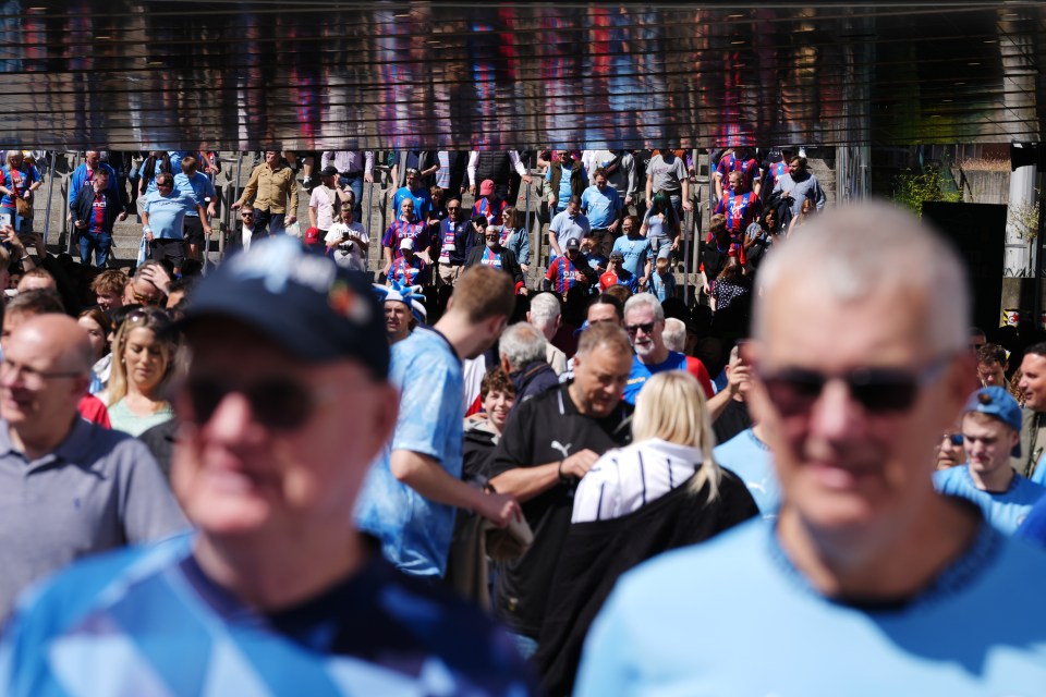 Fans make their way to the ground before the Emirates FA Cup final at Wembley Stadium, London. Picture date: Saturday May 17, 2025. PA Photo. See PA story SOCCER Final. Photo credit should read: Jonathan Brady/PA Wire. RESTRICTIONS: Use subject to restrictions. Editorial use only, no commercial use without prior consent from rights holder.