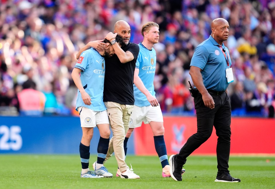 Manchester City's Bernardo Silva and manager Pep Guardiola appear dejected following the Emirates FA Cup final at Wembley Stadium, London. Picture date: Saturday May 17, 2025. PA Photo. See PA story SOCCER Final. Photo credit should read: Nick Potts/PA Wire. RESTRICTIONS: Use subject to restrictions. Editorial use only, no commercial use without prior consent from rights holder.