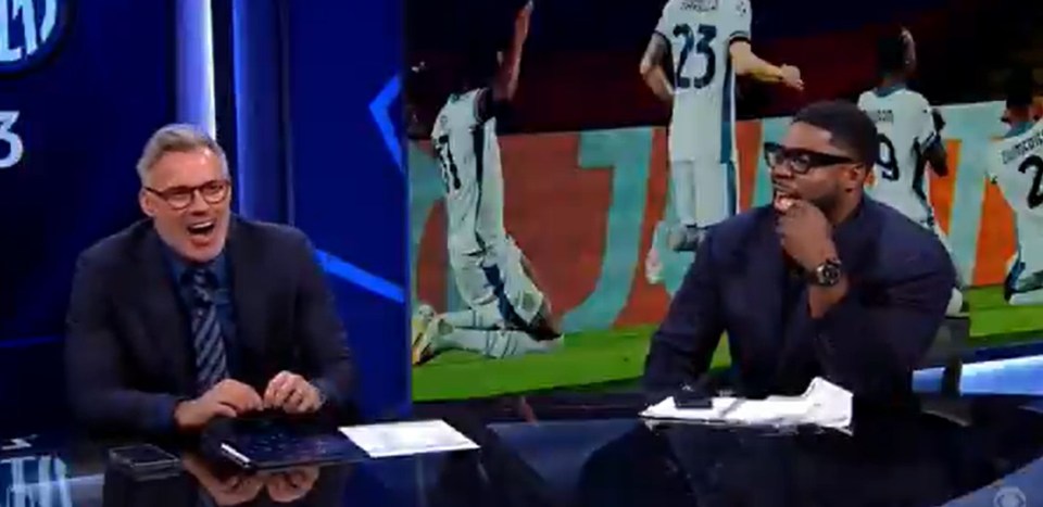 Screenshot of two sports commentators reacting to a soccer game highlight.