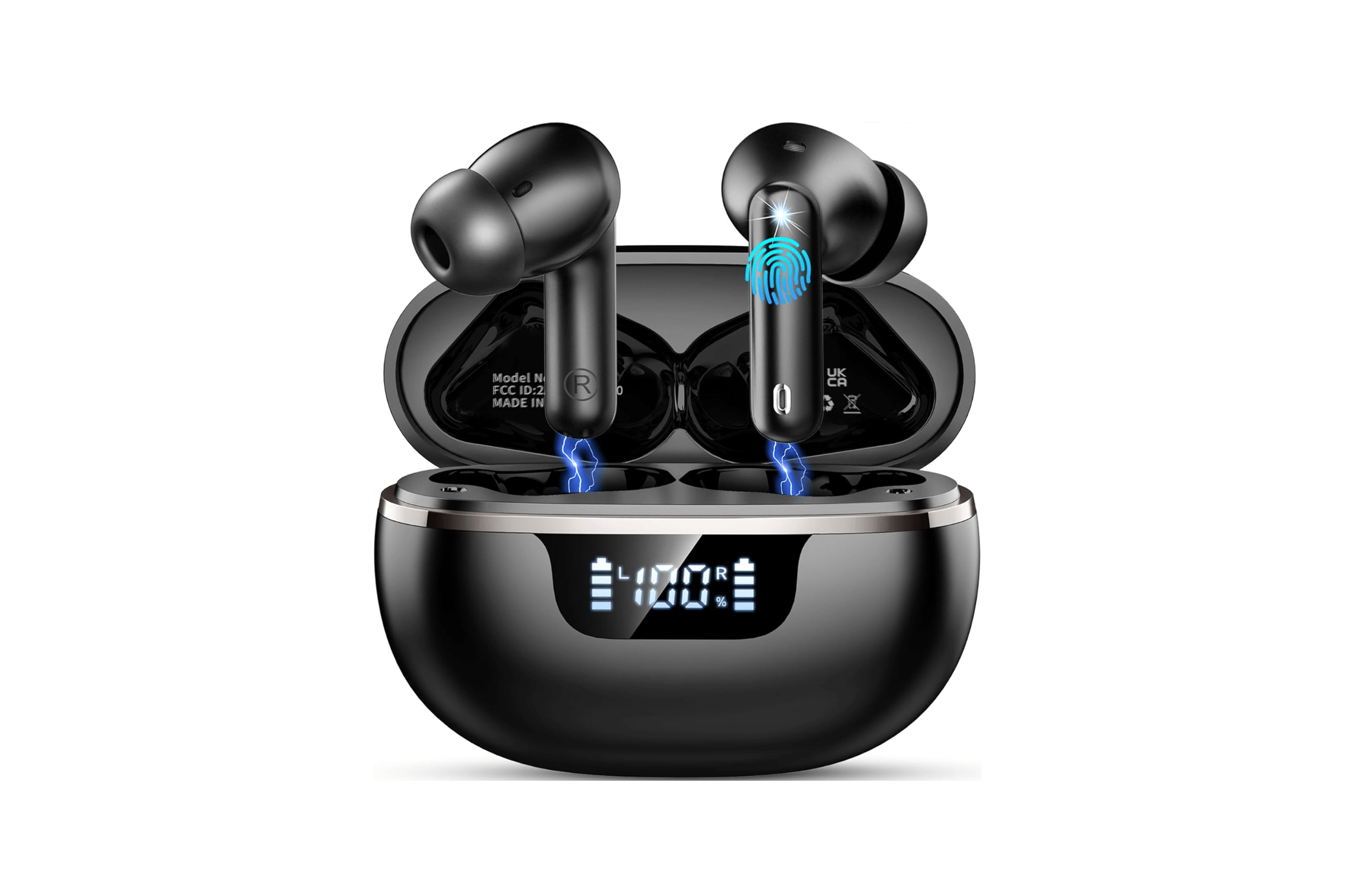 Black wireless earbuds in charging case with digital battery indicator.
