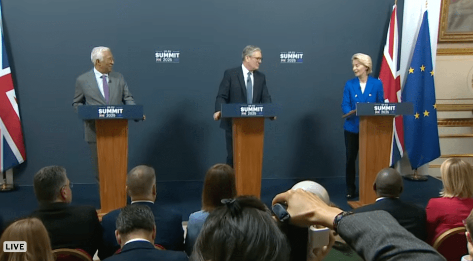 European Council President Antonio Costa and European Commission President Ursula von der Leyen flank Prime Minister Sir Keir Starmer
