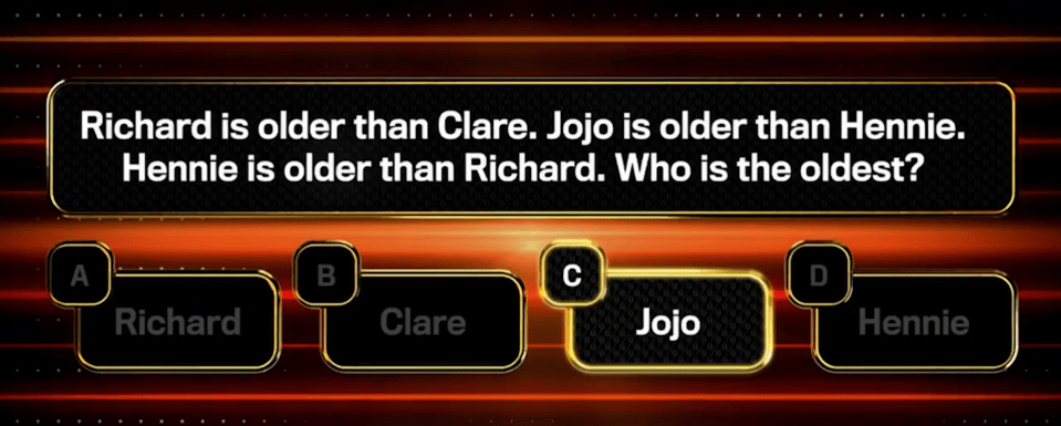 Quiz question: Richard is older than Clare, Jojo is older than Hennie, and Hennie is older than Richard. Who is the oldest?  Multiple choice answers are provided.