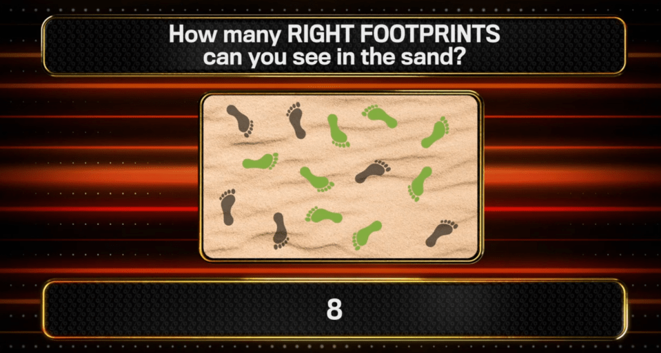 Quiz: How many right footprints are in the sand?  Answer: 8.