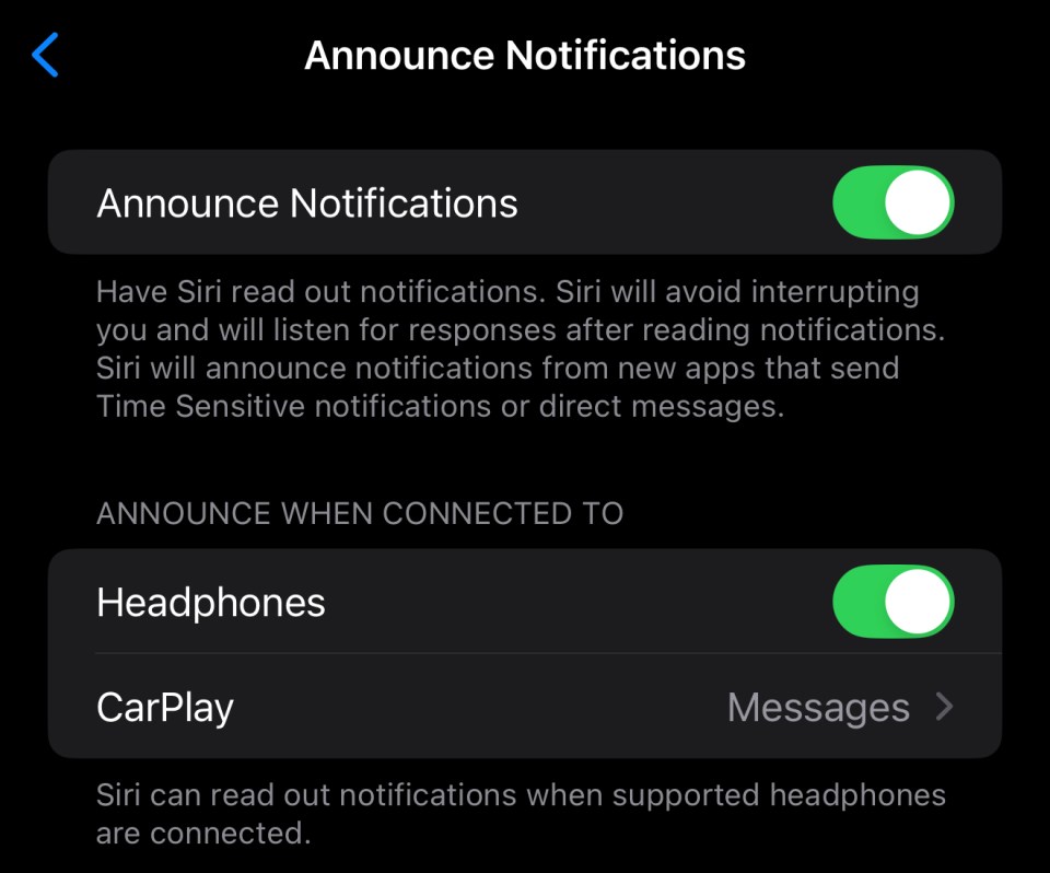 Siri notification settings screenshot.