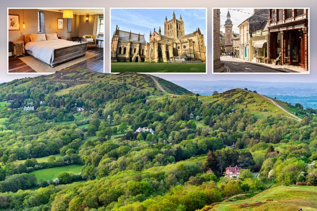 Collage of a bedroom, cathedral, town street, and hillside landscape.
