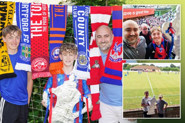 Collage of family photos celebrating a soccer win, including trophies and team scarves.