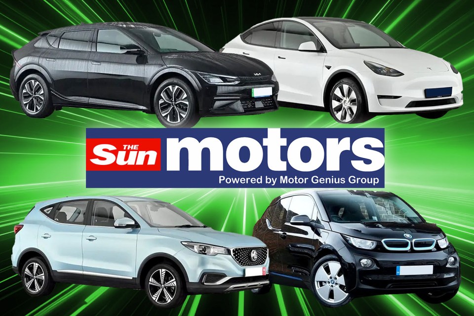 Collage of four electric cars with The Sun Motors logo.