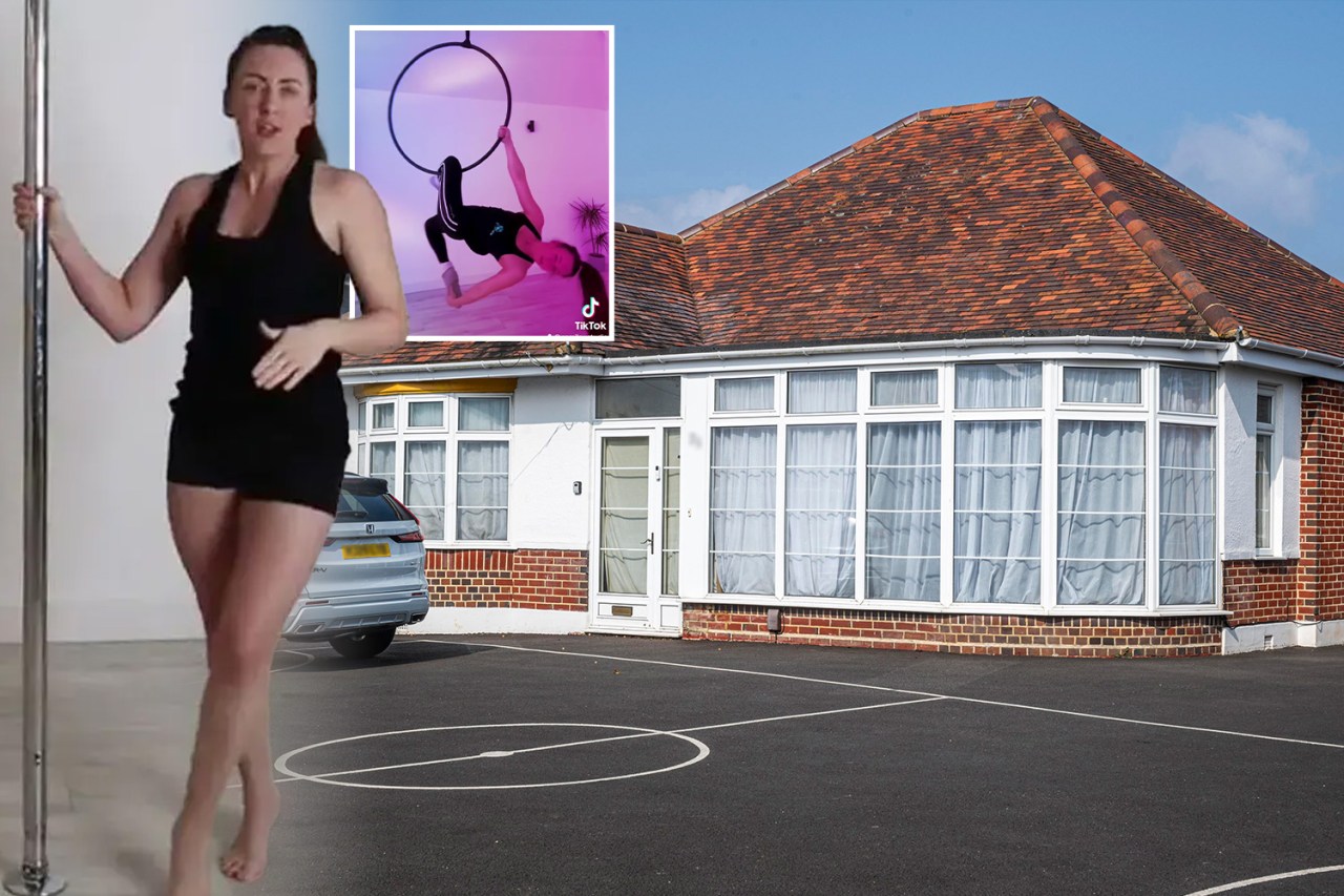 Collage of a pole dancer, a TikTok video of aerial hoop, and a house.
