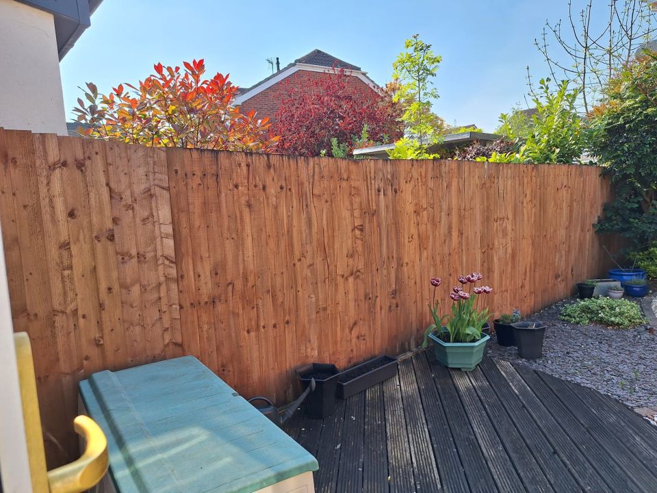 Wooden fence separating two gardens.