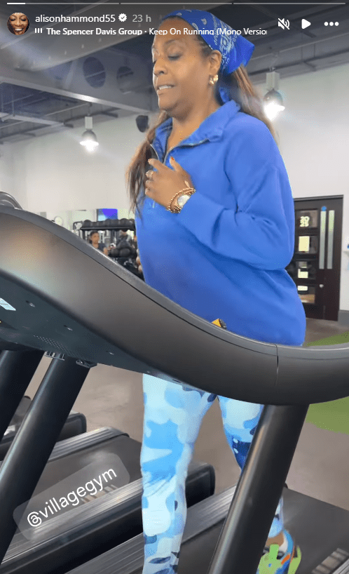 Alison Hammond on a treadmill at the gym.